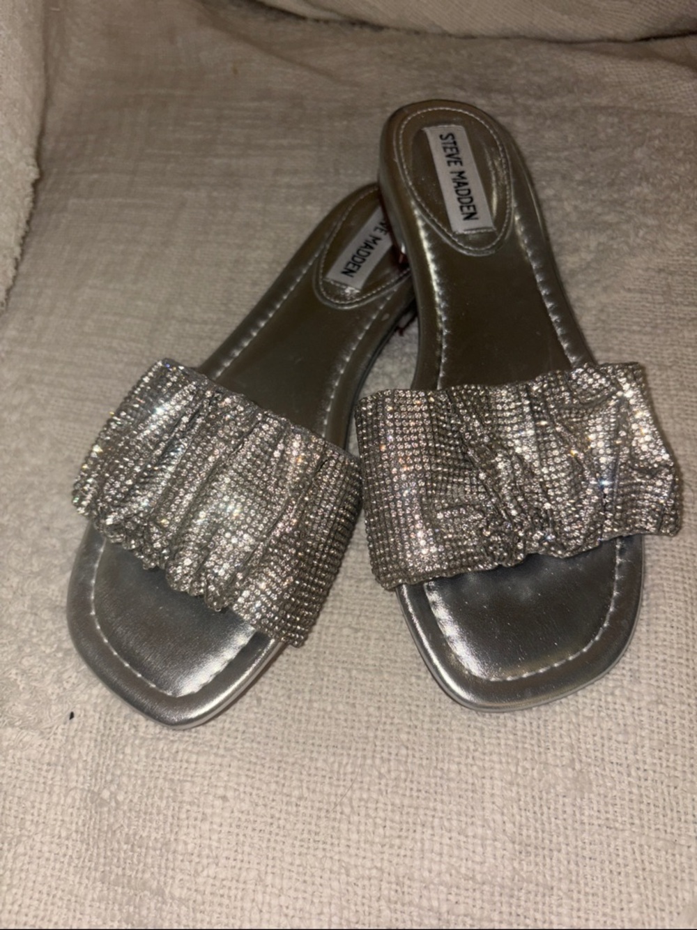 Steve Madden Silver Crystal Ruched Slide Sandals size 7